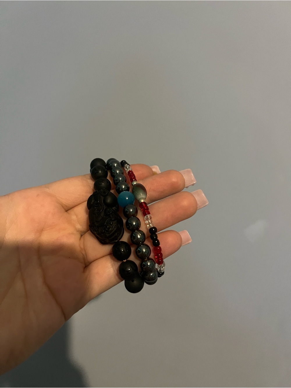 #152. Black and Red Beaded Stretch Bracelet Set - Picture 2 of 4